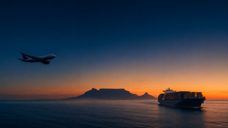 Air freight vs sea freight to South Africa - cargo plane and container ship at sunset with Table Mountain