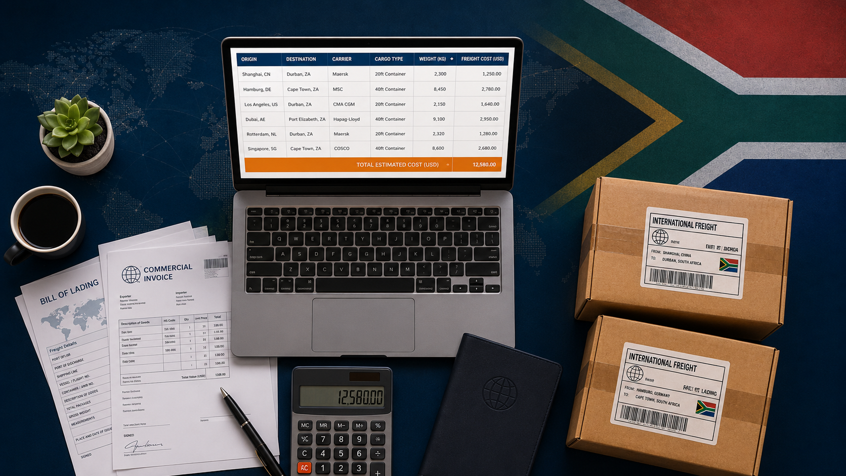 South African business owner reviewing import shipment costs on laptop