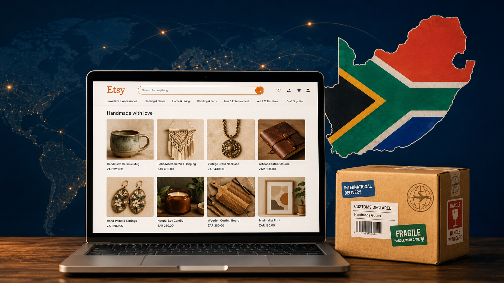 Etsy marketplace products including handmade crafts and vintage items being imported to South Africa