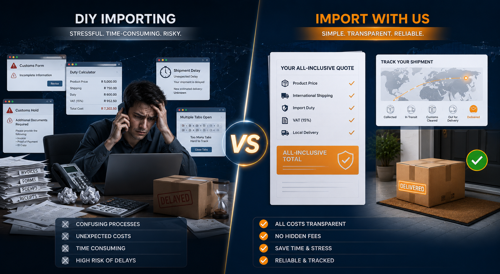 Benefits of using an import company in South Africa, showing the full purchase-to-delivery import process