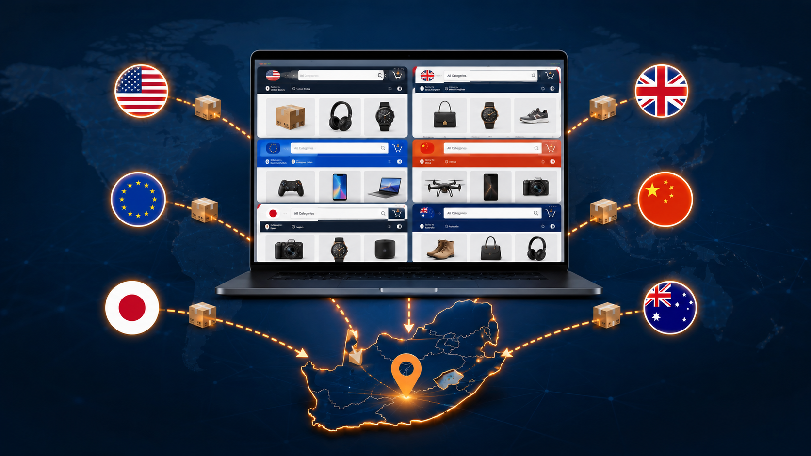 South African shopper browsing international online stores on a laptop