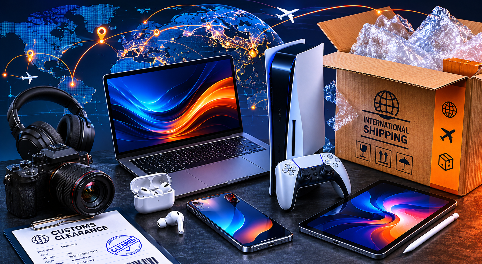 Laptop, smartphone, gaming console, and headphones arranged with a shipping box representing electronics importing to South Africa