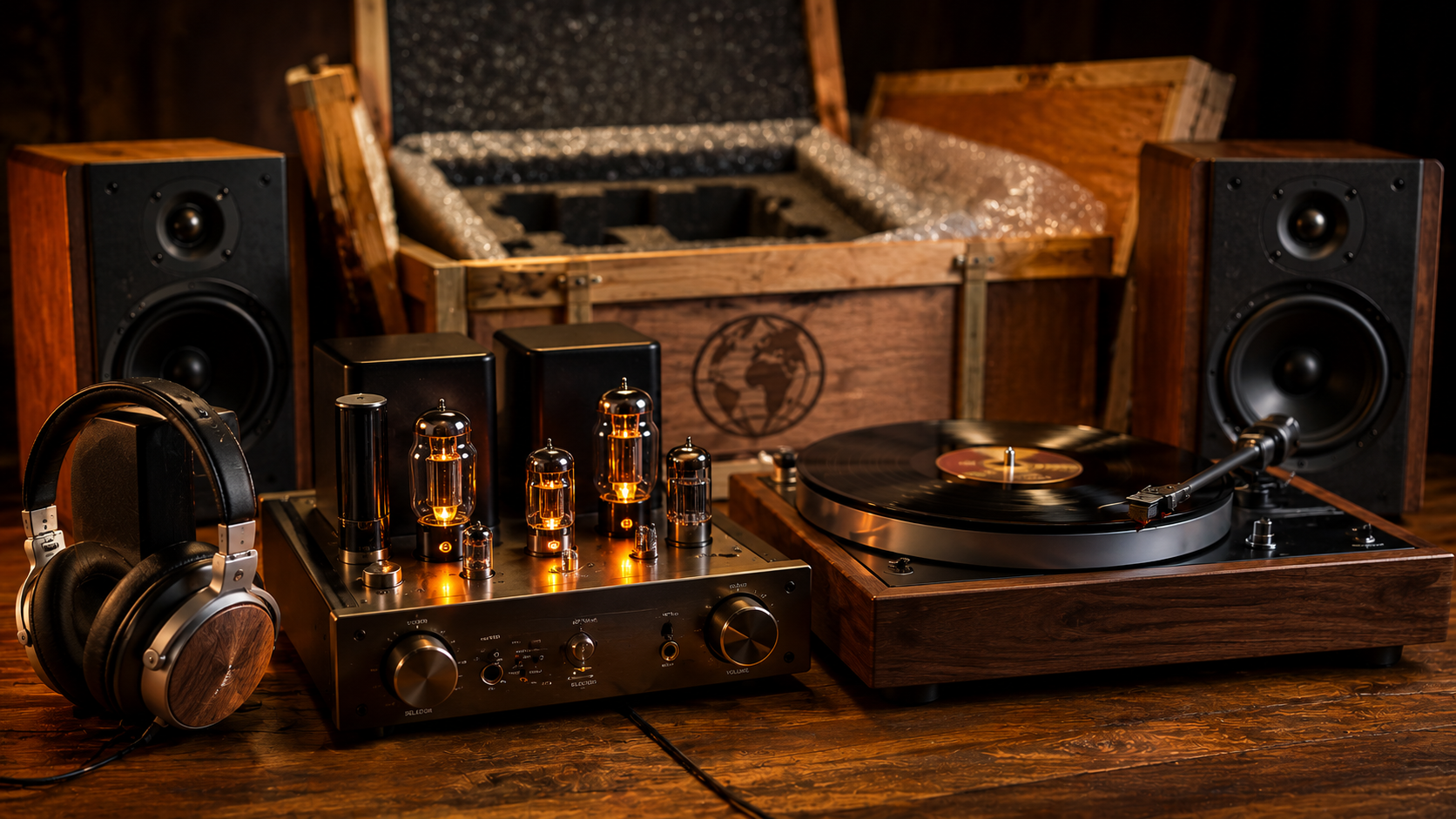 High-end audio equipment including amplifier, turntable, and bookshelf speakers ready for import to South Africa