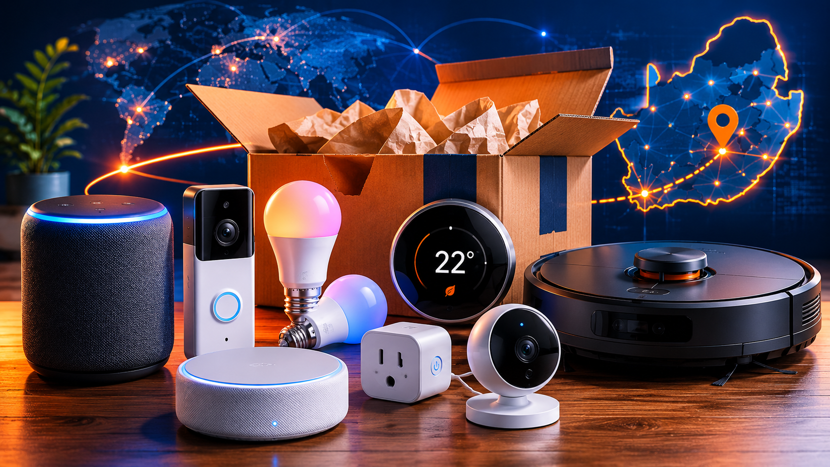 Smart home devices including voice assistant, smart speaker, video doorbell, and smart lights ready for import to South Africa