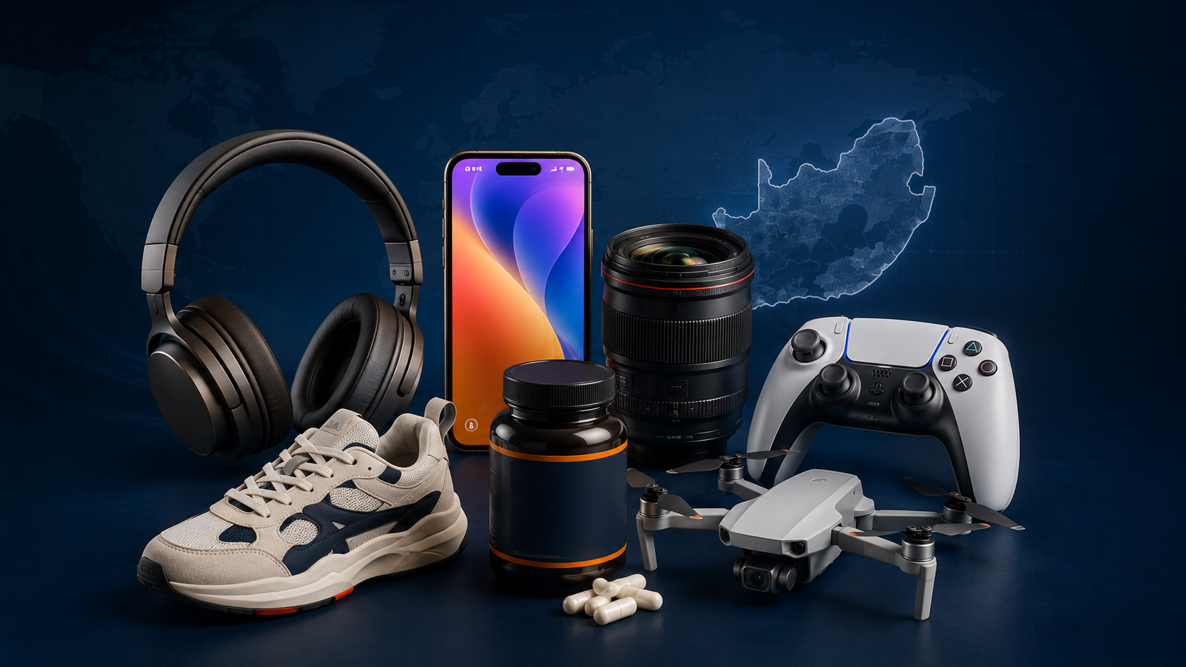 Popular electronics imports to South Africa including smartphones, headphones, and VR headsets