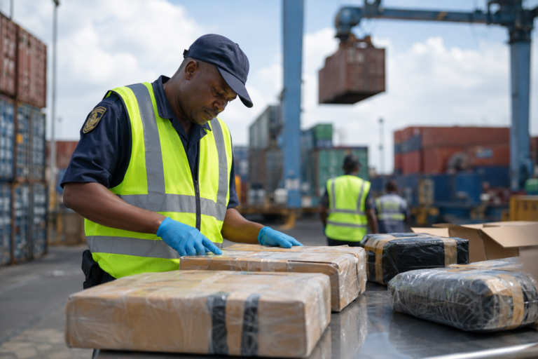 Customs officer in a hi-vis vest inspecting imported parcels at a South African port