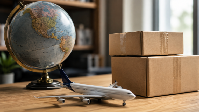 A globe showing North America with a model plane and parcels, for importing goods from the USA to South Africa