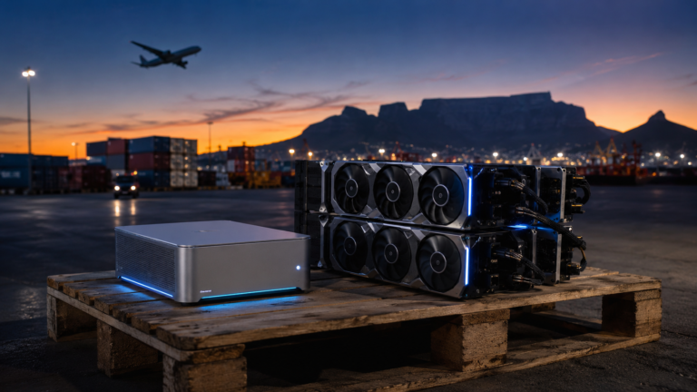 GPUs and a mini AI server on a pallet at a South African shipping port at dusk
