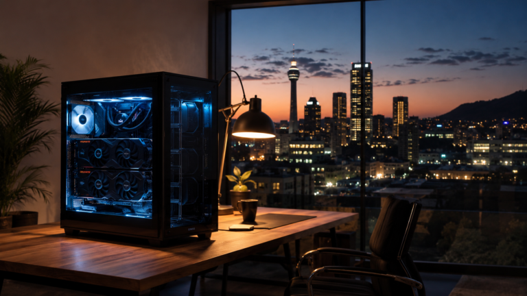 A glass-panel desktop AI rig glowing blue with a South African city skyline at dusk