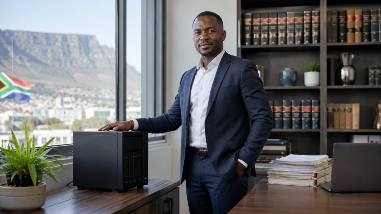 A South African professional beside a secure on-premises server, conveying POPIA-compliant local AI