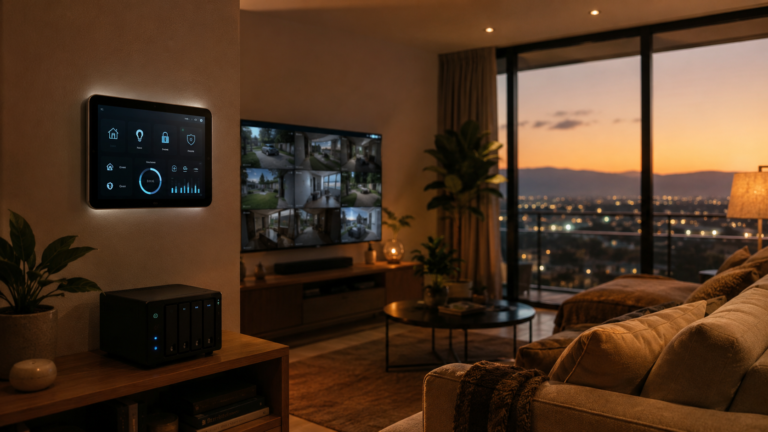 A living-room smart-home dashboard and security camera feeds running on a local AI home server