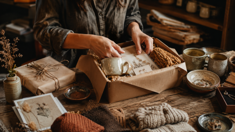 Handmade Etsy goods being packed into a parcel for delivery to South Africa