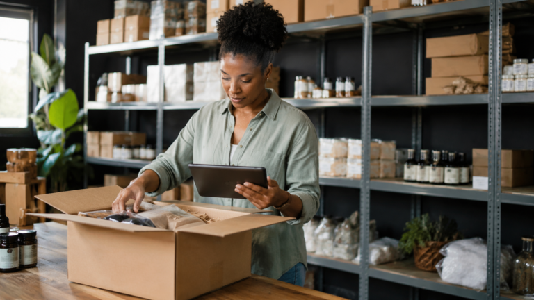 A South African small business owner receiving imported stock in a stockroom