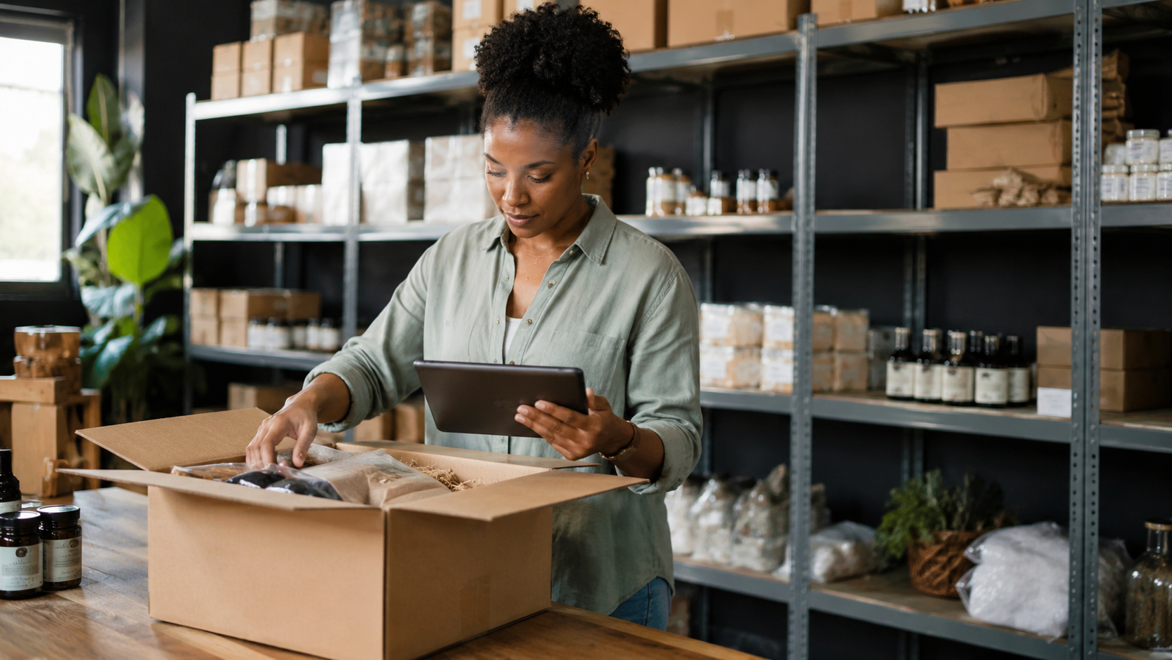A South African small business owner receiving imported stock in a stockroom