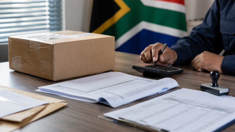 Customs paperwork and a parcel used to calculate import duty and VAT in South Africa