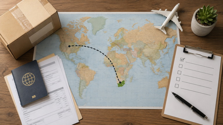 Flat-lay of a world map, parcel and documents for importing goods to South Africa