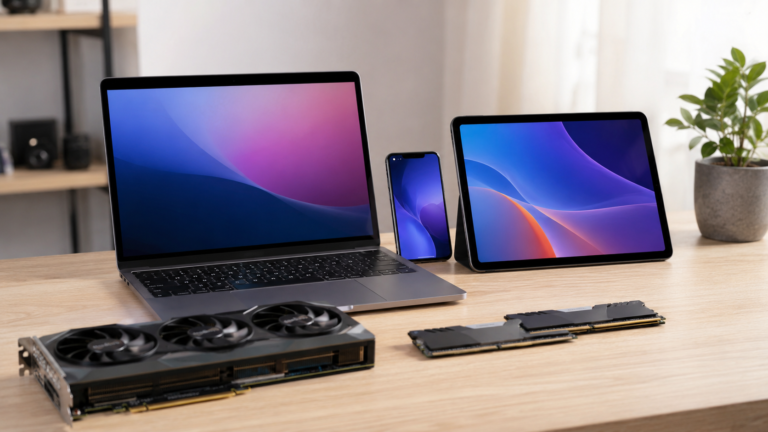Imported laptops, phones and electronics arranged on a desk