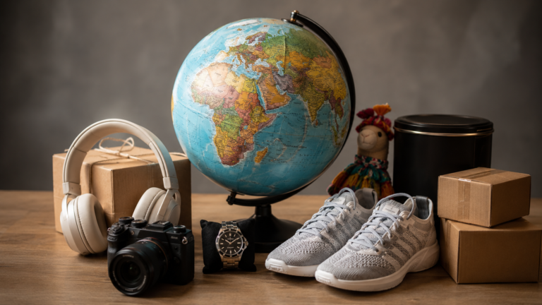 A globe surrounded by diverse products available to import to South Africa