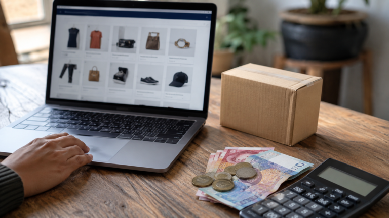 A laptop with a parcel and South African rand, showing the real cost of online shopping