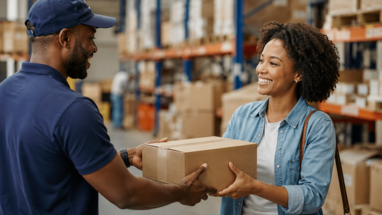 An import company handing over a parcel in a warehouse in South Africa