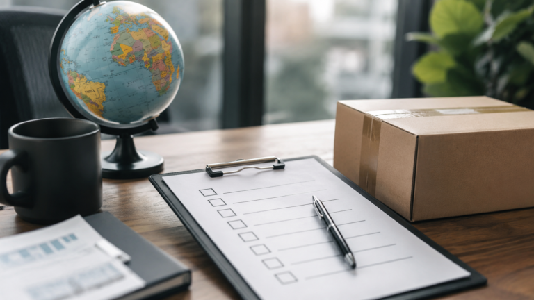 A desk with a checklist, globe and parcel for importing goods to South Africa