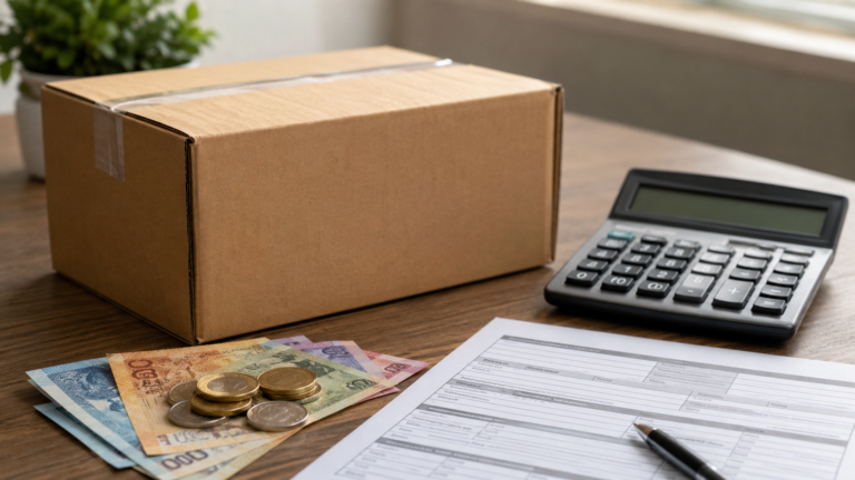 A parcel, calculator and rand notes showing the cost of importing goods to South Africa