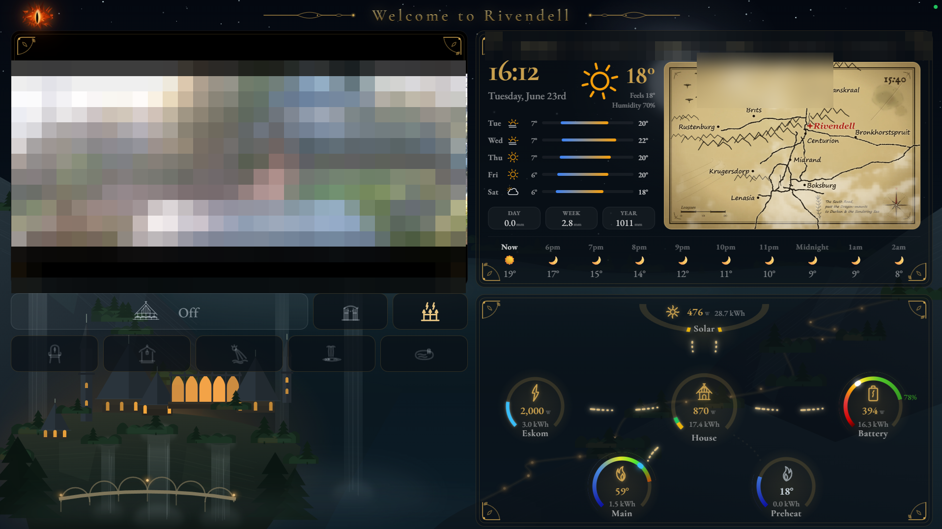 A Lord of the Rings themed Home Assistant dashboard on a TV, showing weather, solar and battery energy and home controls, with private details obscured