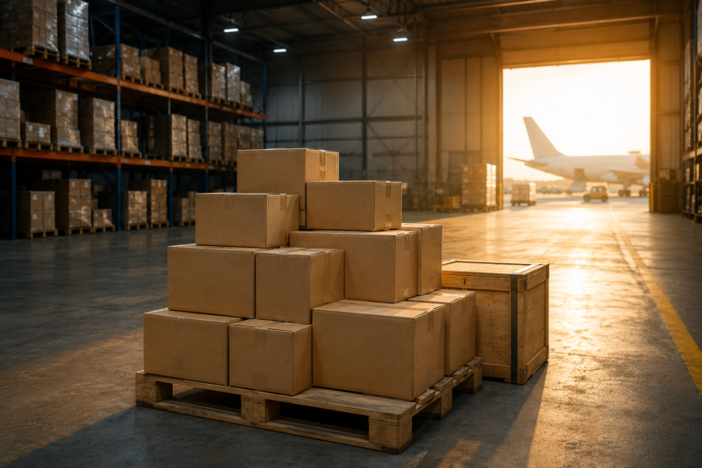 Sealed parcels stacked on a pallet in a consolidation warehouse, ready for shipping from the United Kingdom to South Africa