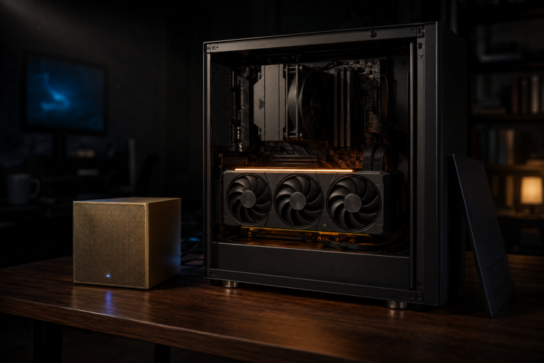 A local AI workstation at night: an open PC case with a large graphics card, beside a compact mini computer