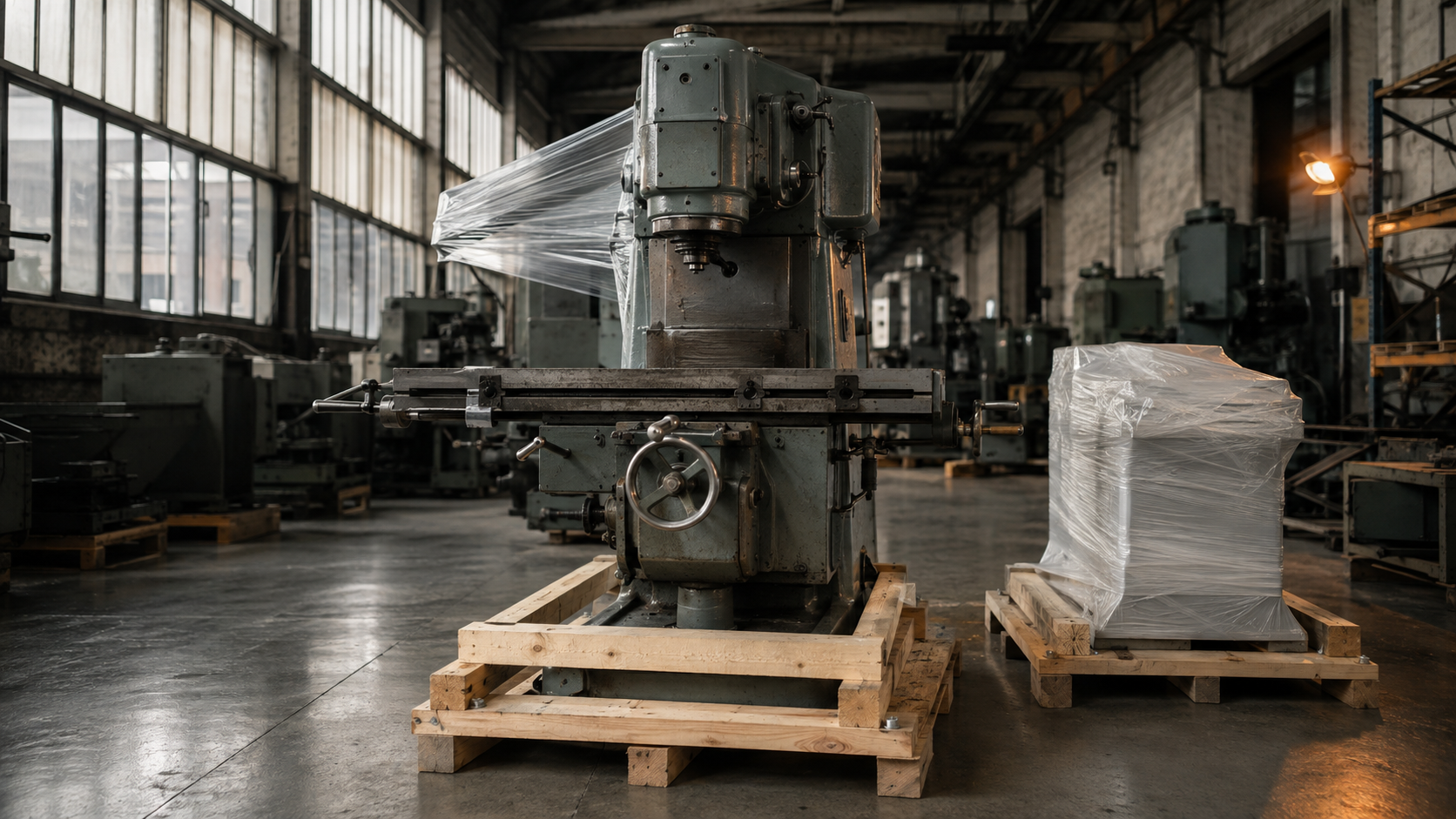 A heavy industrial machine crated on a timber skid in a European warehouse, prepared for freight shipping to South Africa