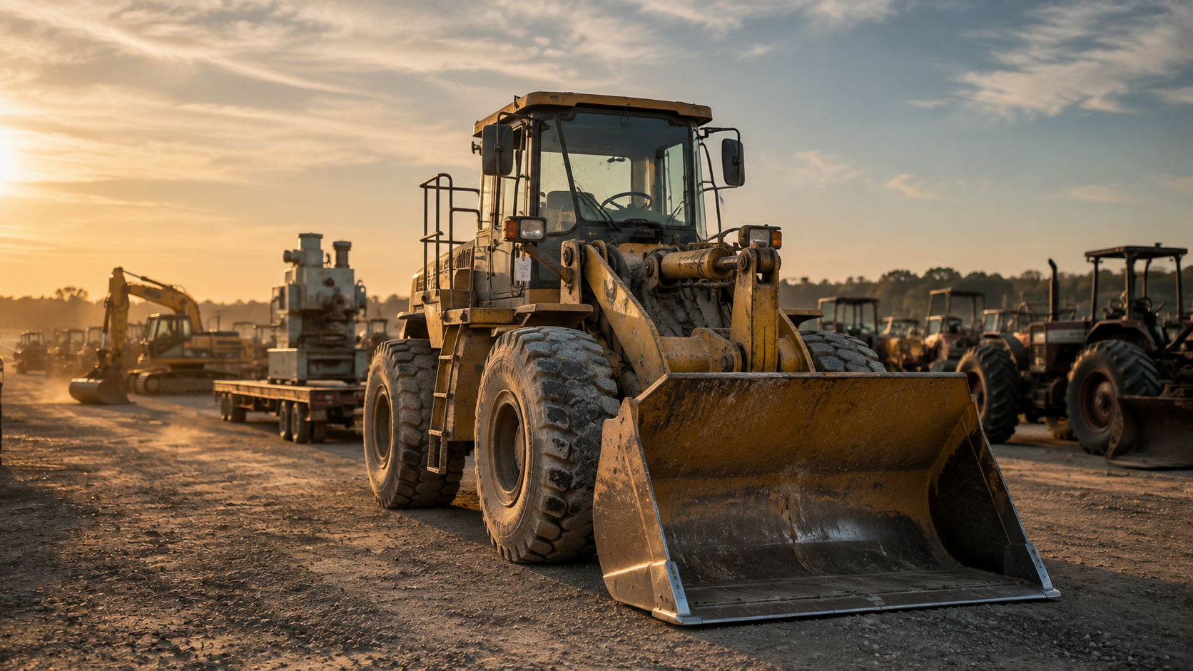 Used industrial machinery in an American equipment yard, the kind of plant South Africans import by freight from the USA