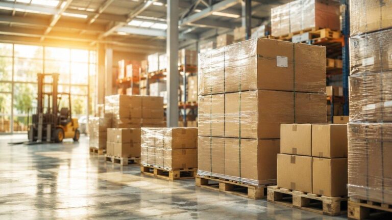 Palletised cartons stacked in a warehouse representing wholesale Alibaba orders imported to South Africa