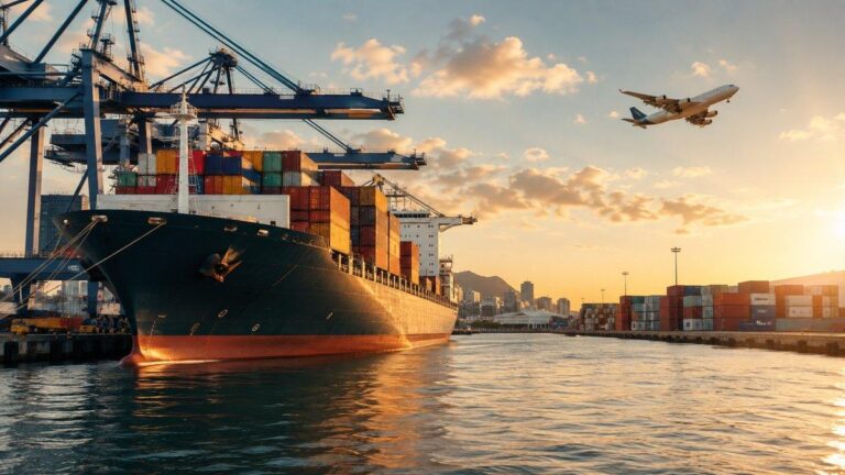 Container ship and cargo aircraft at a South African port representing air and sea freight imports
