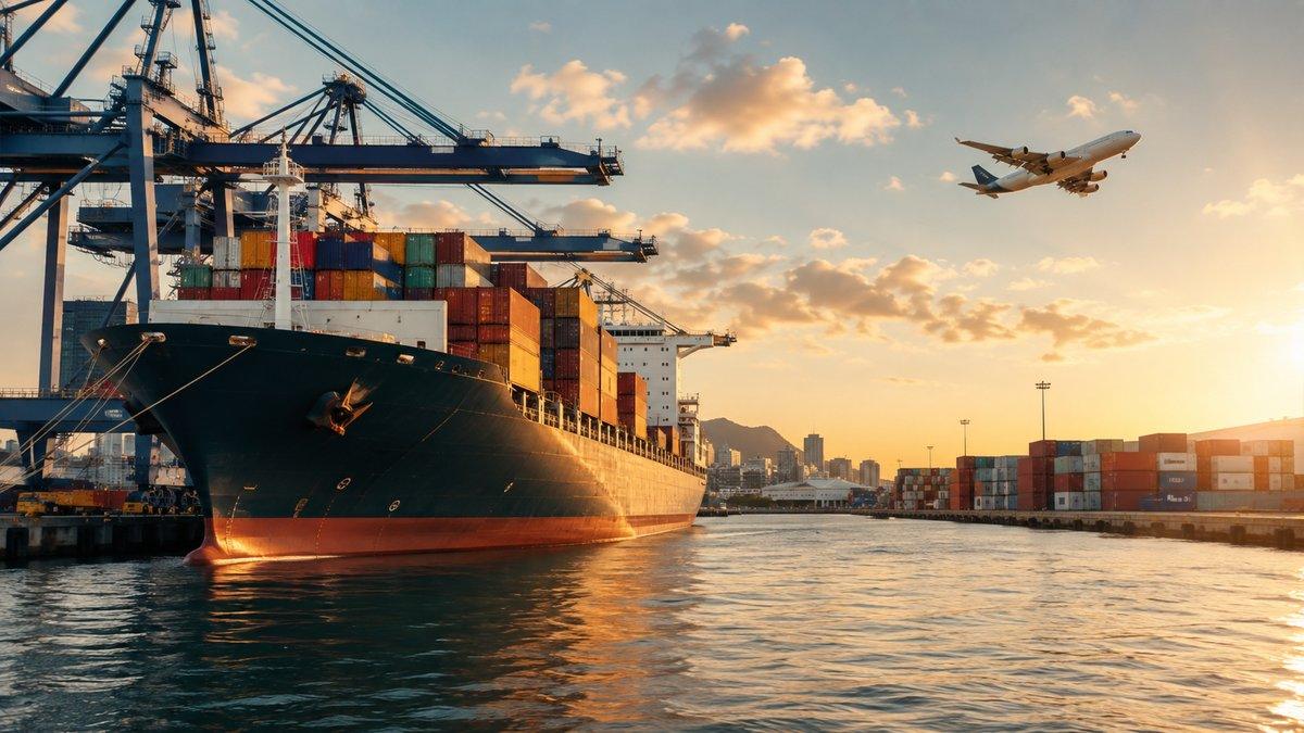 Container ship and cargo aircraft at a South African port representing air and sea freight imports