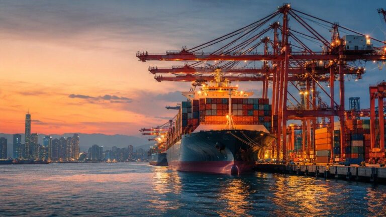 Chinese container port at dusk with gantry cranes loading a container ship bound for South Africa