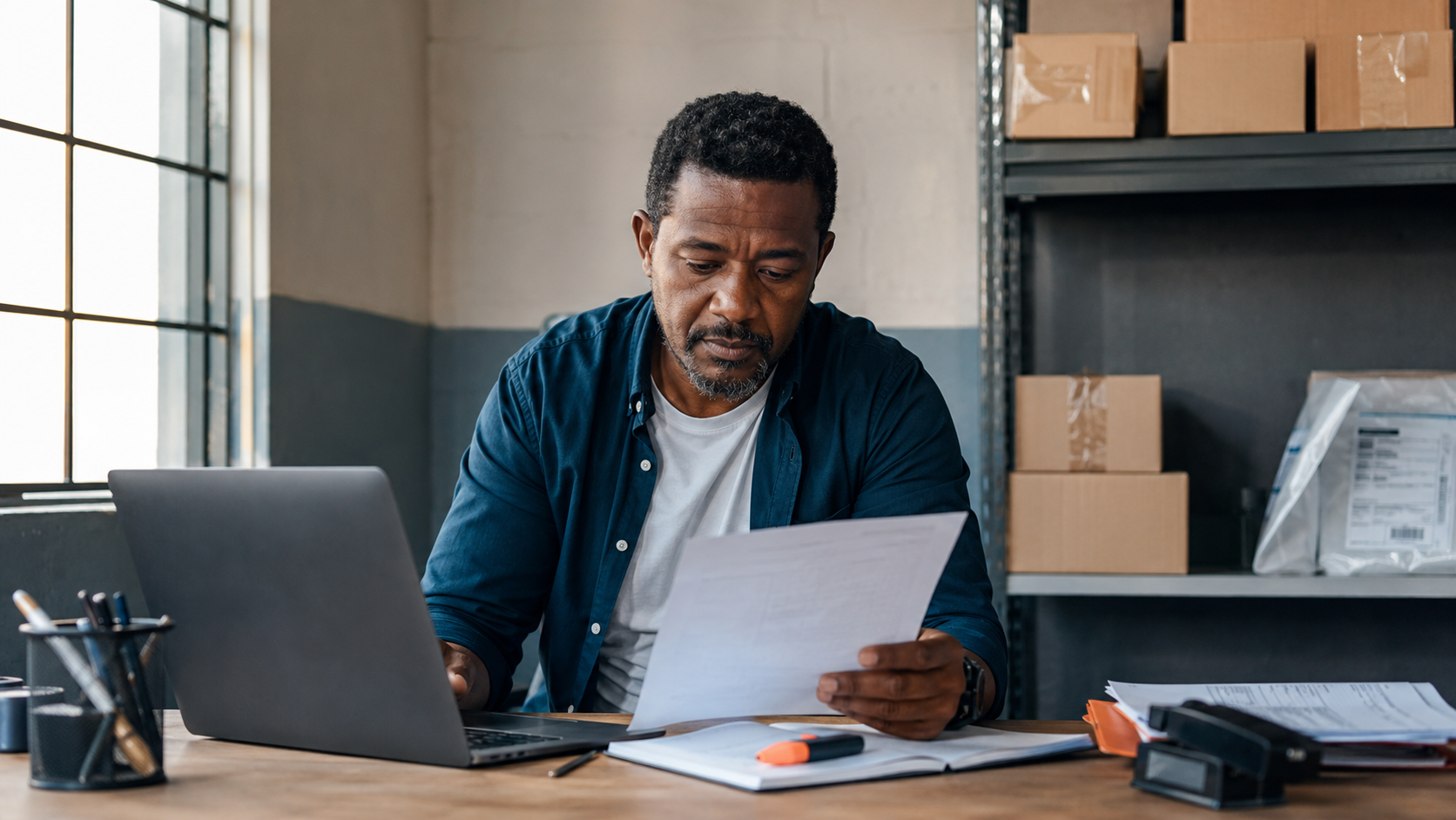 Business owner at a warehouse desk reviewing a customs document before importing goods into South Africa